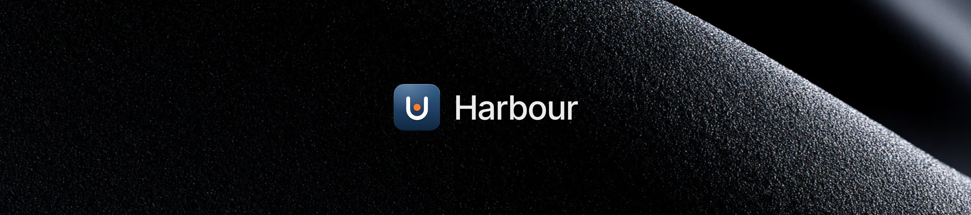 Harbour wordmark and app tile on black folded sand