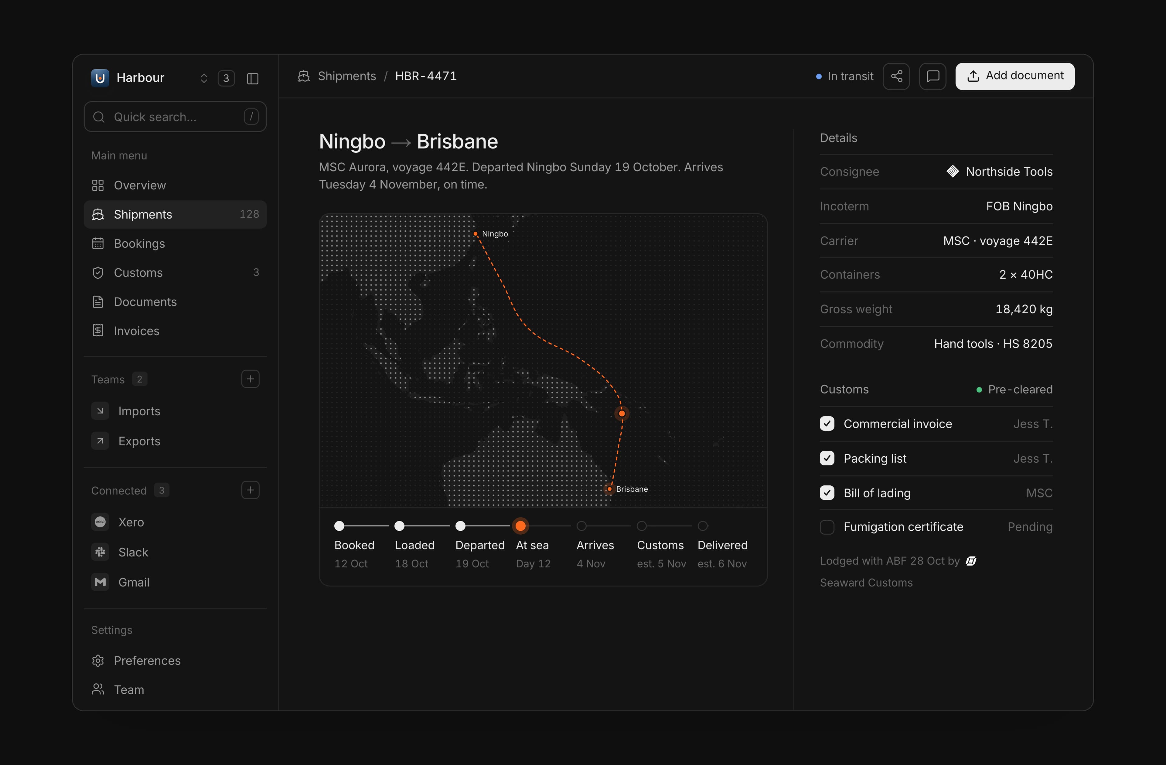 Harbour shipment detail in dark mode: route map, milestones, customs checklist and containers