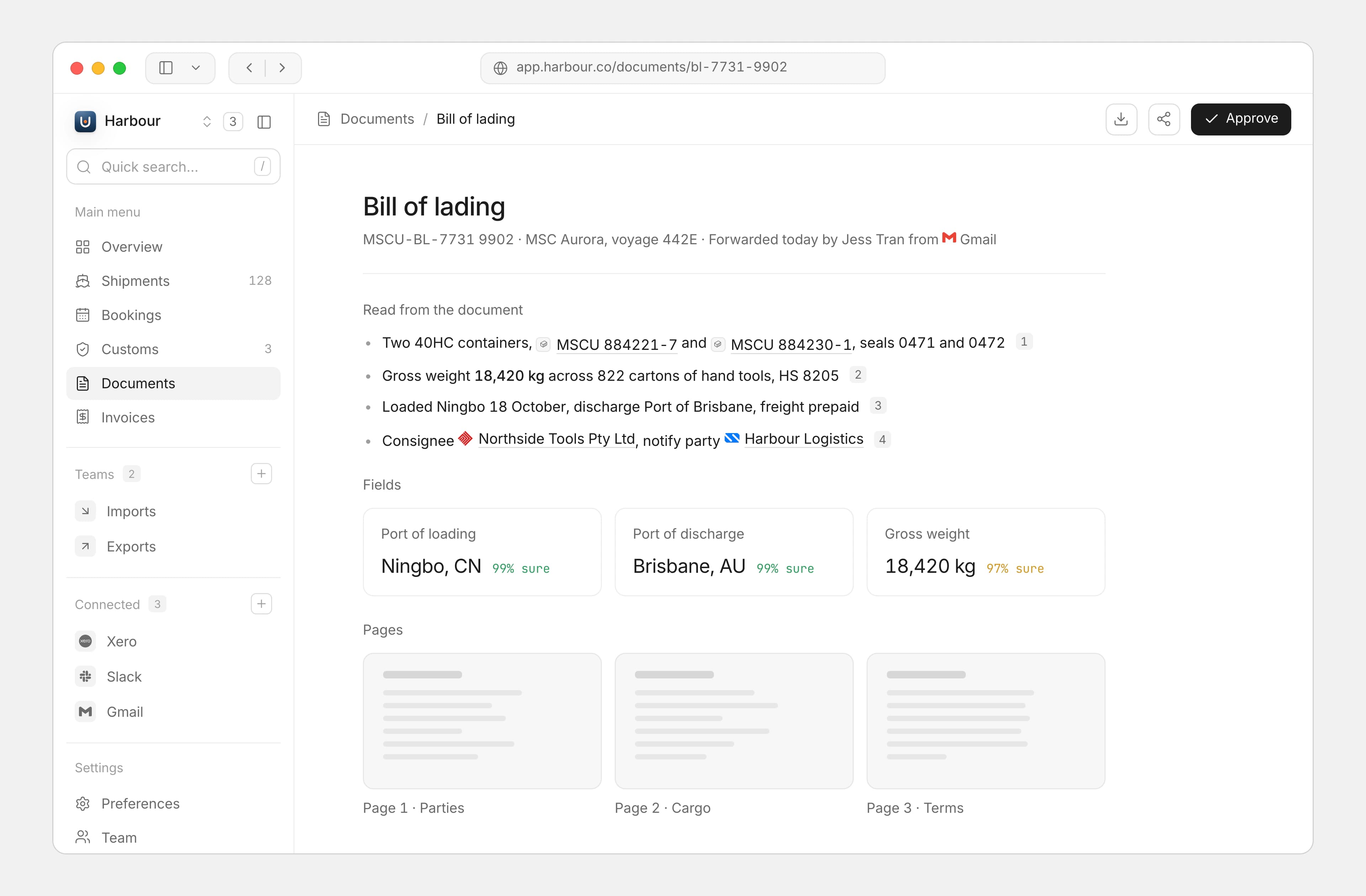 A bill of lading in Harbour's desktop app, read into plain points, fields with confidence and its pages