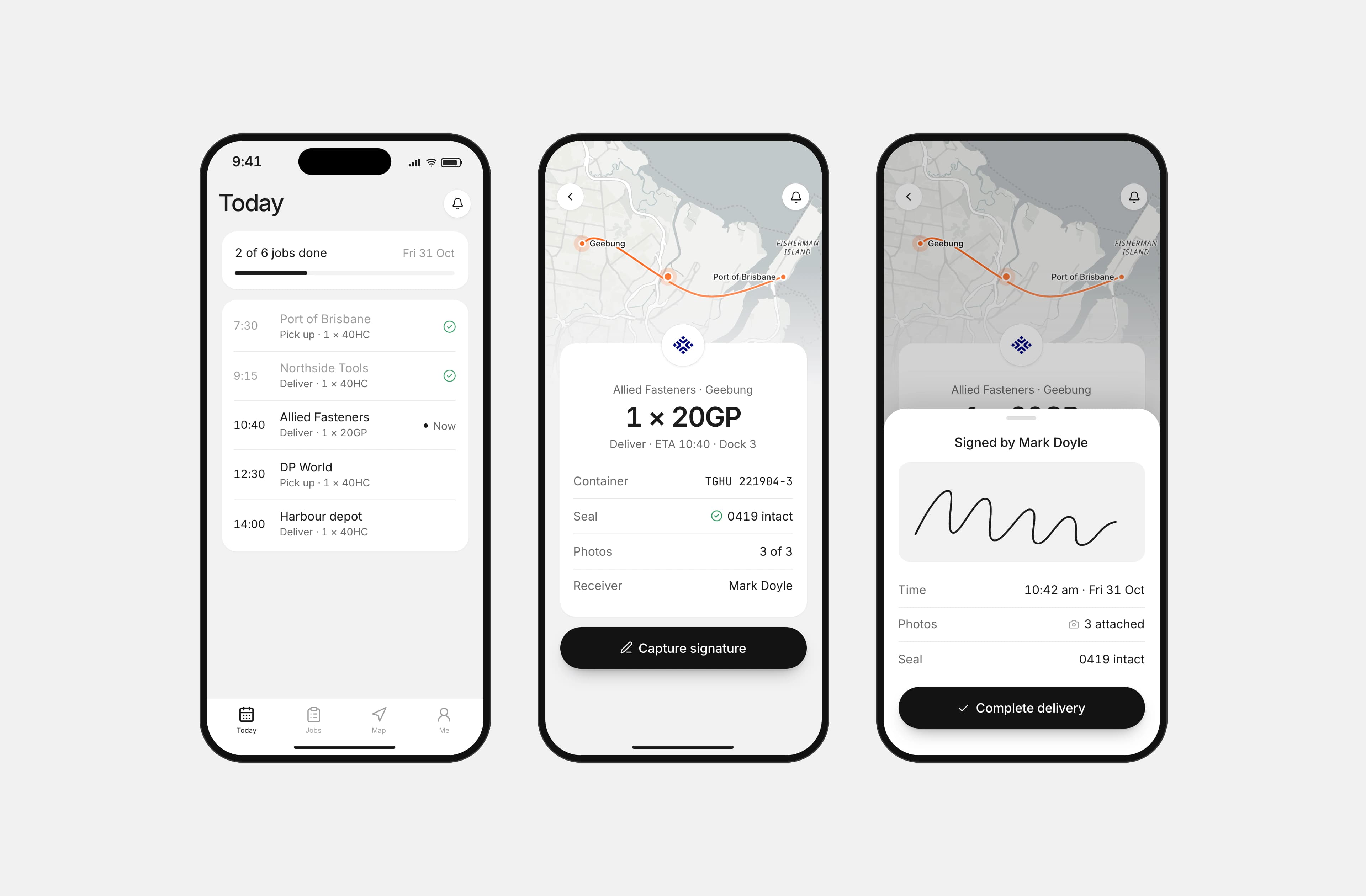 Harbour's driver app on three phones: today's jobs, a delivery over a real map of Brisbane's north, and the signed proof of delivery as a sheet