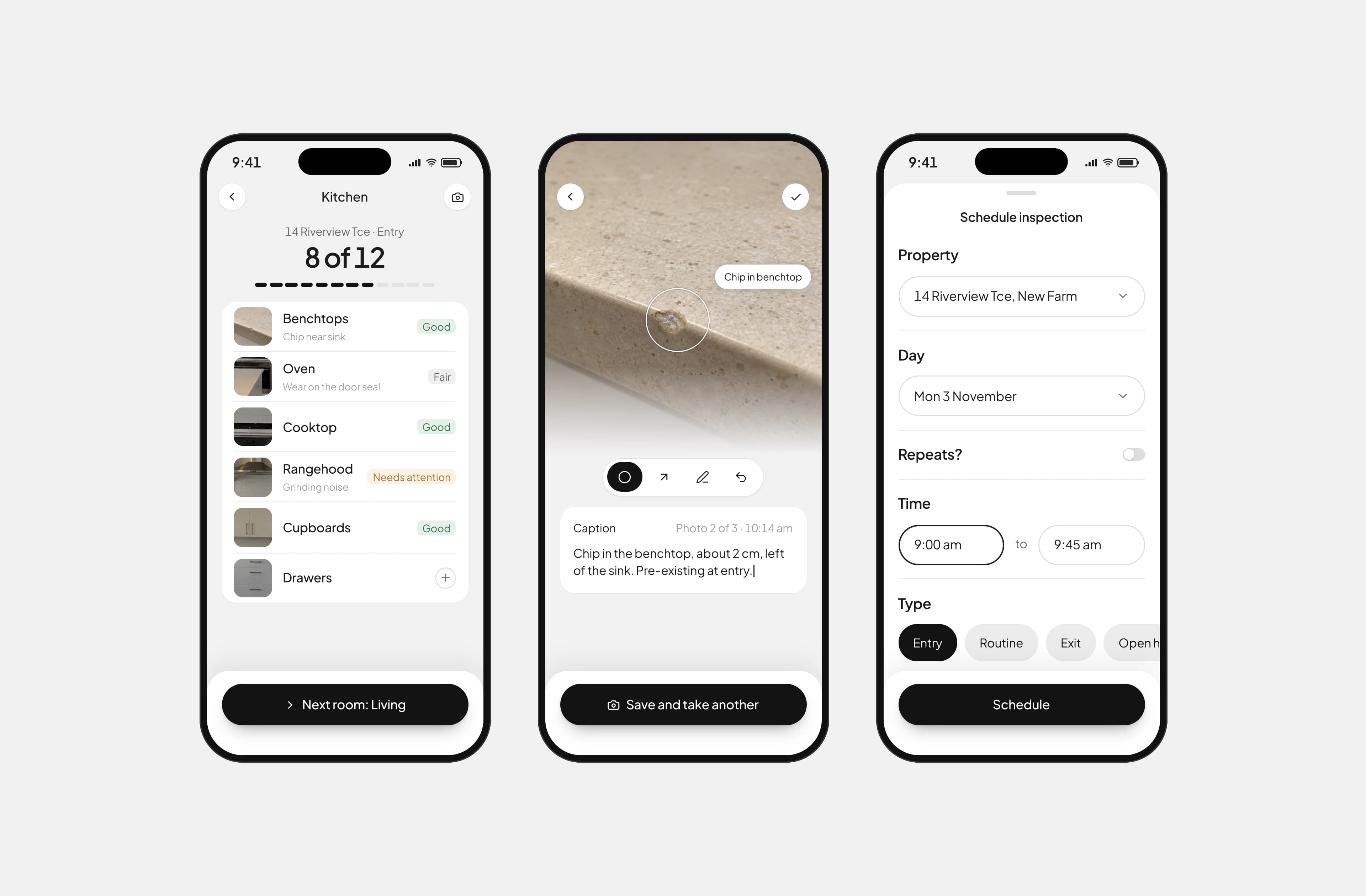 Keyside on three phones: the kitchen checklist, a photo being marked up, and scheduling the next inspection