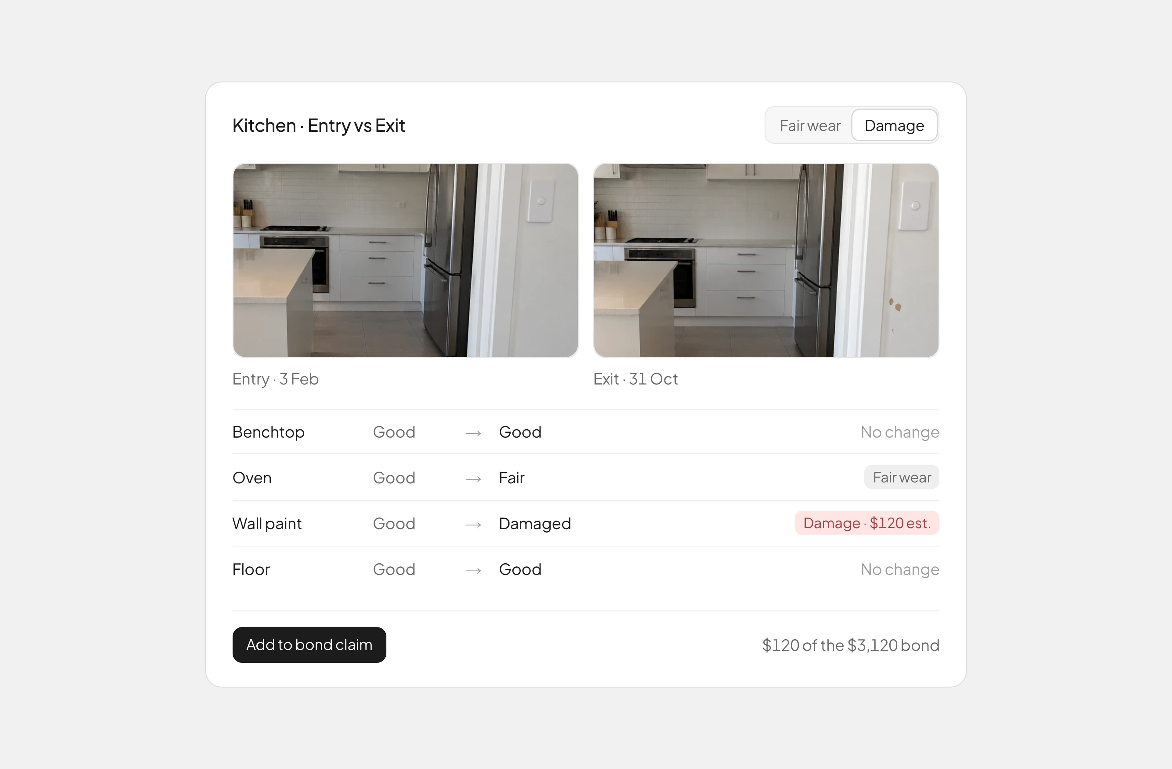 Keyside's entry and exit comparison for a kitchen, photographed at both visits, with fair wear and damage marked
