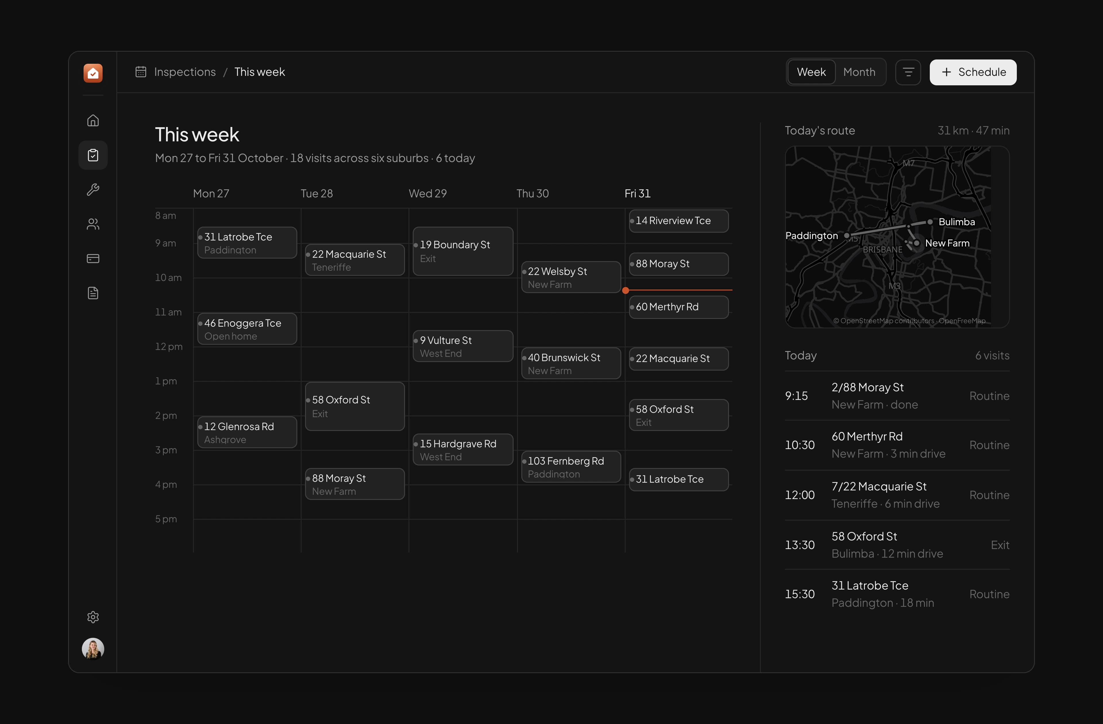 Keyside's week of inspections in dark mode: the calendar, today's route on a map of Brisbane and the visits beneath it