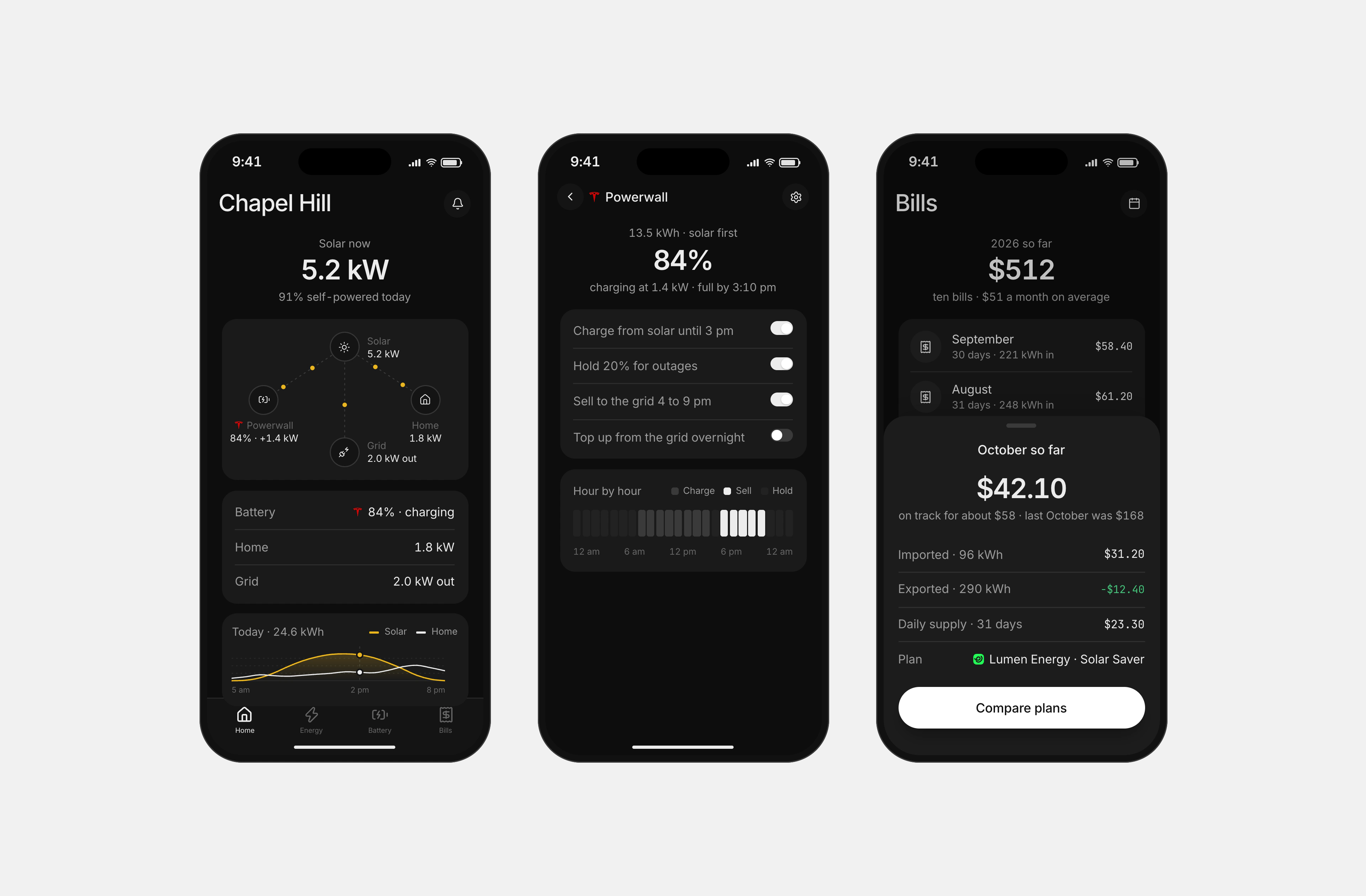 Wattle on three dark phones: solar now, the Powerwall schedule, and the month's bill as a sheet